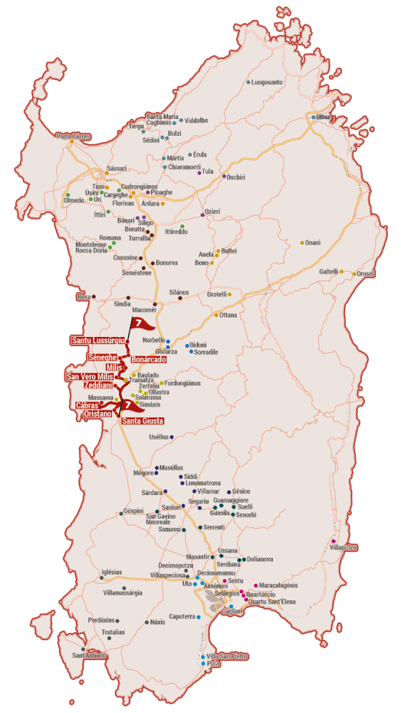 Mappa della Sardegna con il tracciato: Itinerario della Croce
