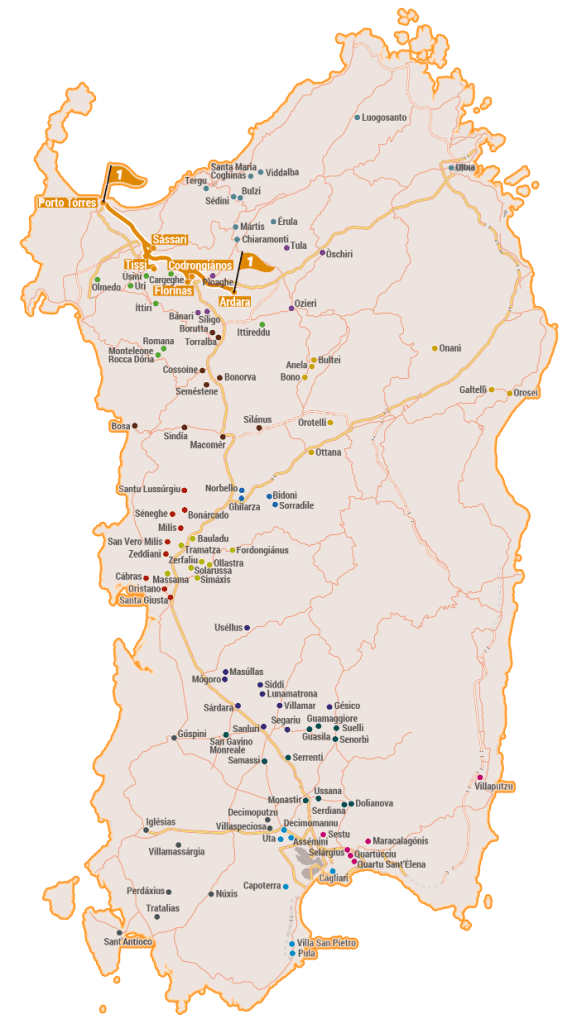 Mappa della Sardegna con il tracciato: Itinerario dei Re